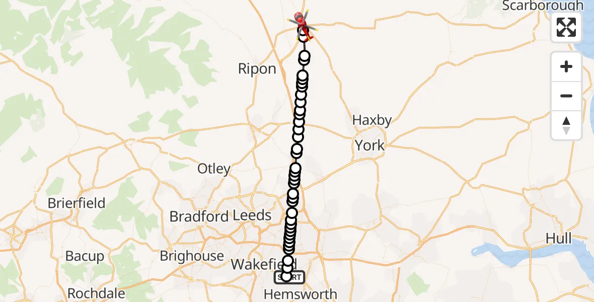 Flight route Air Ambulance Helicopter YAA Nostell Helicopter Port - Thirsk, 17 May 2026, 10:12