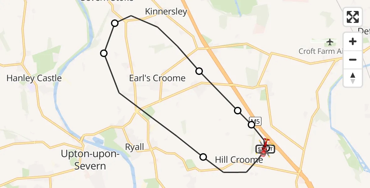 Flight route Air Ambulance Helicopter Hill Croome - Upper Strensham, 17 May 2026, 10:13