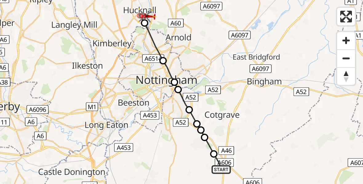 Flight route Air Ambulance Helicopter Widmerpool - Hucknall, 17 May 2026, 10:36