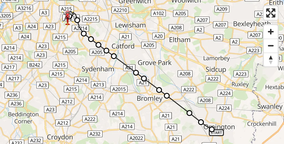 Flight route Air Ambulance Helicopter Goddington - Kings College London Hospital, 17 May 2026, 10:41