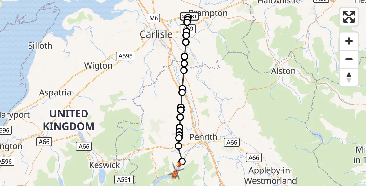 Flight route Coastguard Helicopter Carlisle Lake District Airport - Ullswater, 17 May 2026, 10:48