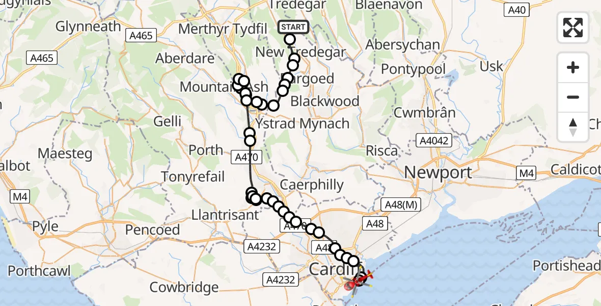 Flight route Air Ambulance Helicopter Tredegar - Cardiff Heliport, 17 May 2026, 10:52