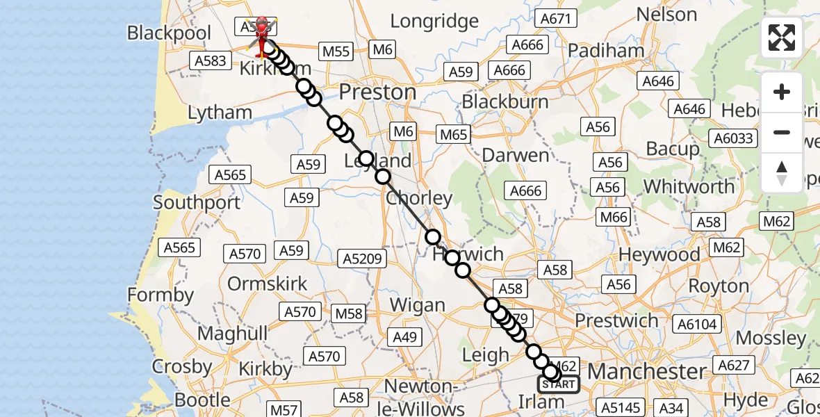 Flight route Air Ambulance Helicopter Manchester Barton Aerodrome - Weeton, 17 May 2026, 10:58