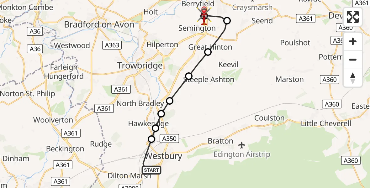 Flight route Air Ambulance Helicopter Westbury - Wiltshire Air Ambulance, 17 May 2026, 11:01