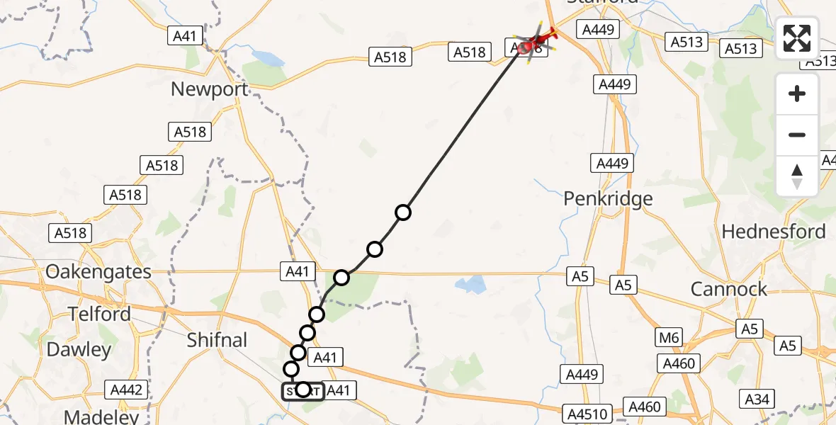 Flight route Air Ambulance Helicopter RAF Cosford - Stafford, 17 May 2026, 11:05