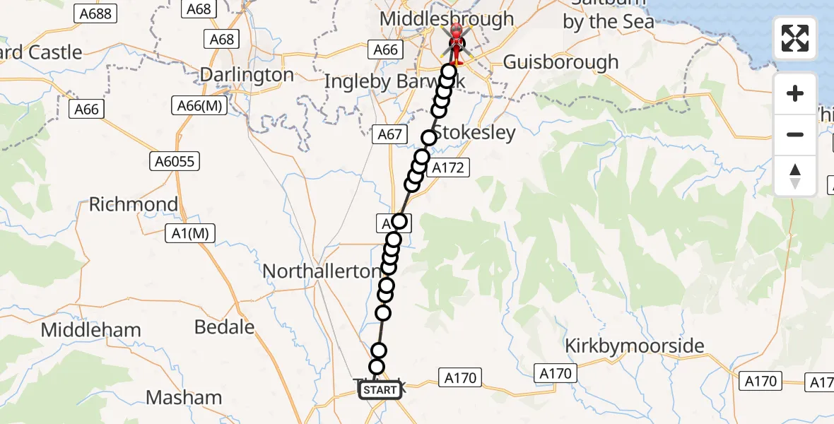 Flight route Air Ambulance Helicopter Thirsk - James Cook University Hospital, 17 May 2026, 11:07