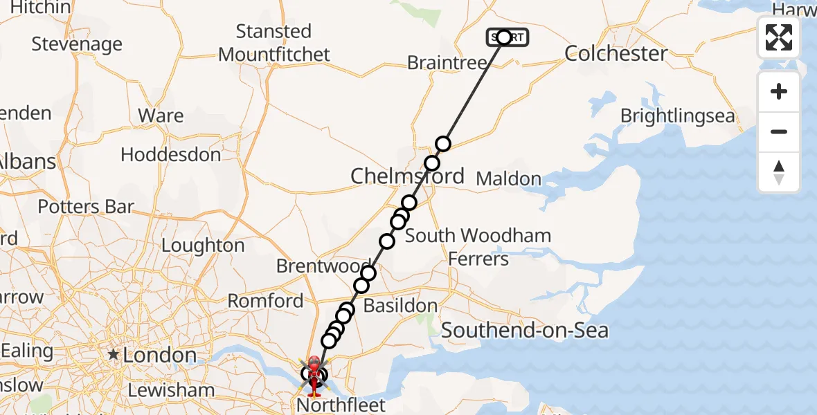 Flight route Air Ambulance Helicopter Earls Colne Airfield - West Thurrock, 17 May 2026, 11:18