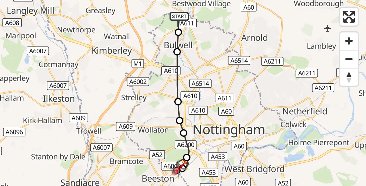Flight route Air Ambulance Helicopter Hucknall - Beeston, 17 May 2026, 11:22