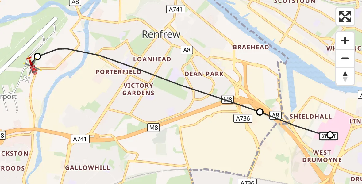 Flight route Air Ambulance Helicopter Queen Elizabeth Hospital - Glasgow Airport, 17 May 2026, 11:24