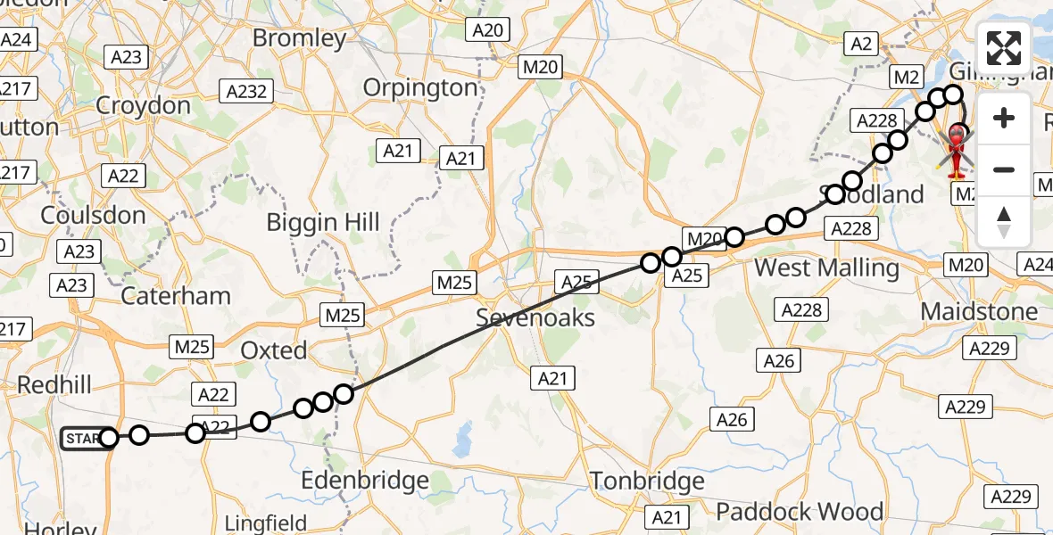 Flight route Air Ambulance Helicopter Redhill Aerodrome - Rochester Airport, 17 May 2026, 11:27