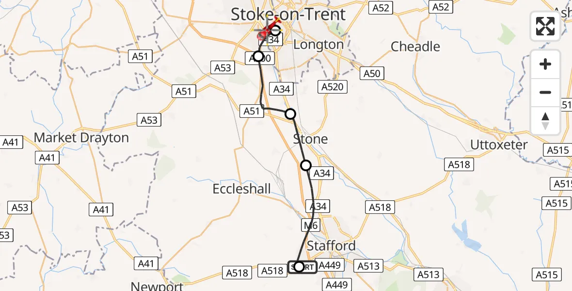 Flight route Air Ambulance Helicopter Stafford - University Hospital North Staffs, 17 May 2026, 11:59