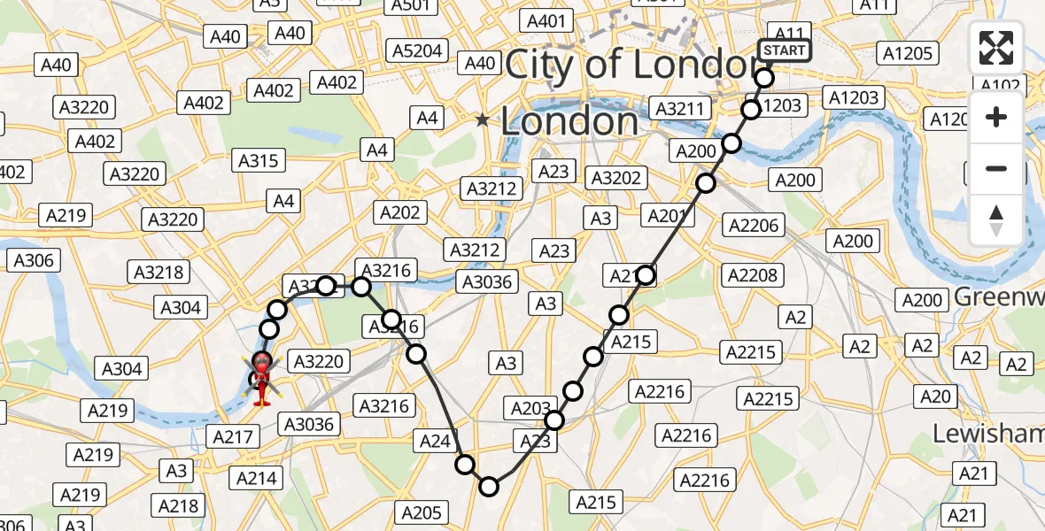 Flight route Air Ambulance Helicopter Royal London Hospital - London Heliport, 17 May 2026, 11:59