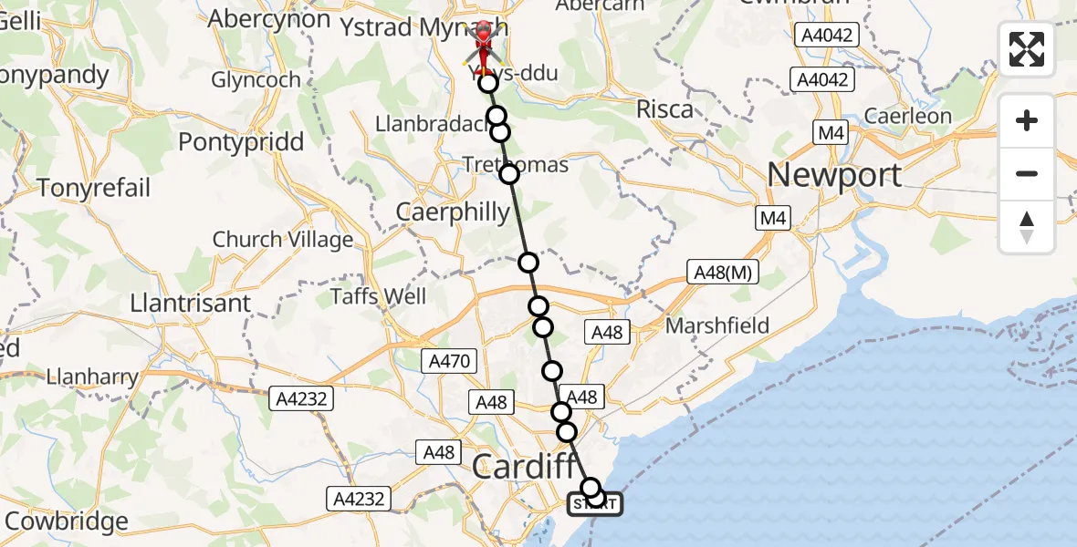 Flight route Air Ambulance Helicopter Cardiff Heliport - Maesycwmmer, 17 May 2026, 12:06