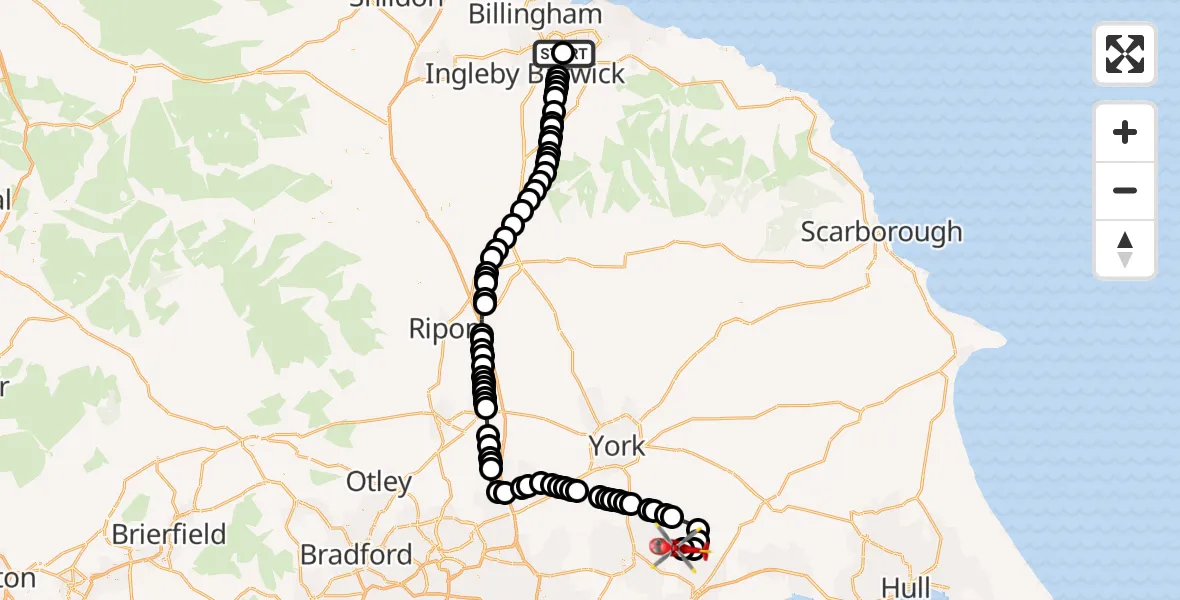 Flight route Air Ambulance Helicopter James Cook University Hospital - Breighton Airfield, 17 May 2026, 12:10