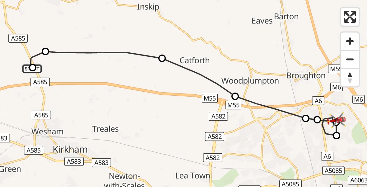 Flight route Air Ambulance Helicopter Fylde - Preston, 17 May 2026, 12:13