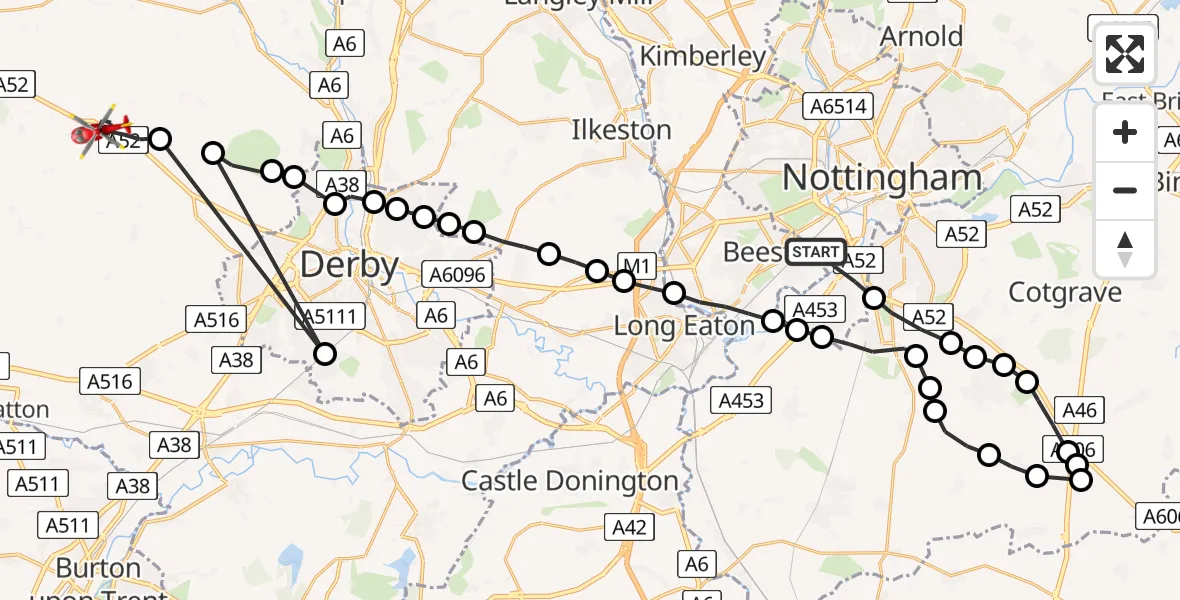 Flight route Air Ambulance Helicopter City of Nottingham - Brailsford CP, 17 May 2026, 12:14