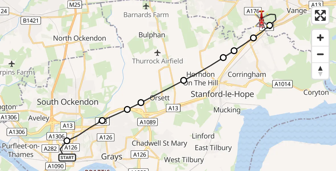 Flight route Air Ambulance Helicopter West Thurrock - Basildon, 17 May 2026, 12:19