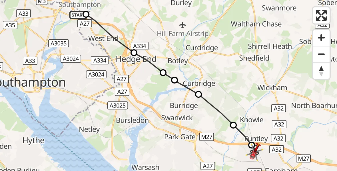 Flight route Air Ambulance Helicopter Southampton Airport - Fareham, 17 May 2026, 12:24