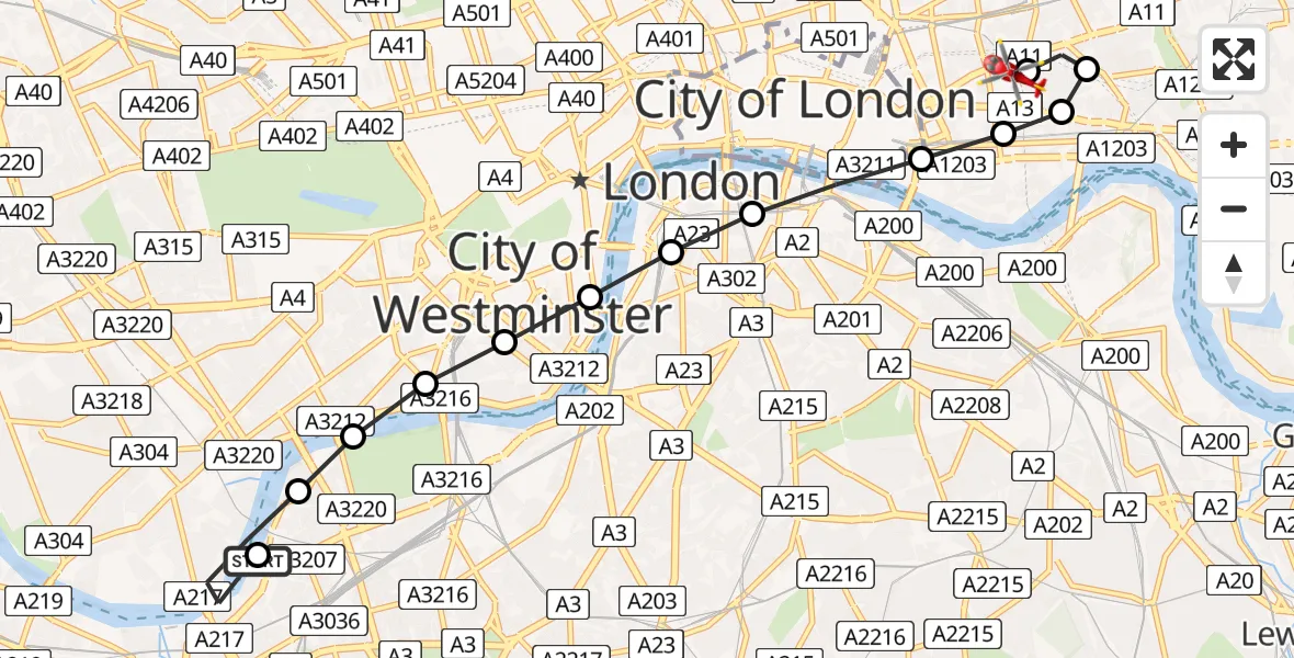 Flight route Air Ambulance Helicopter London Heliport - Royal London Hospital, 17 May 2026, 12:26