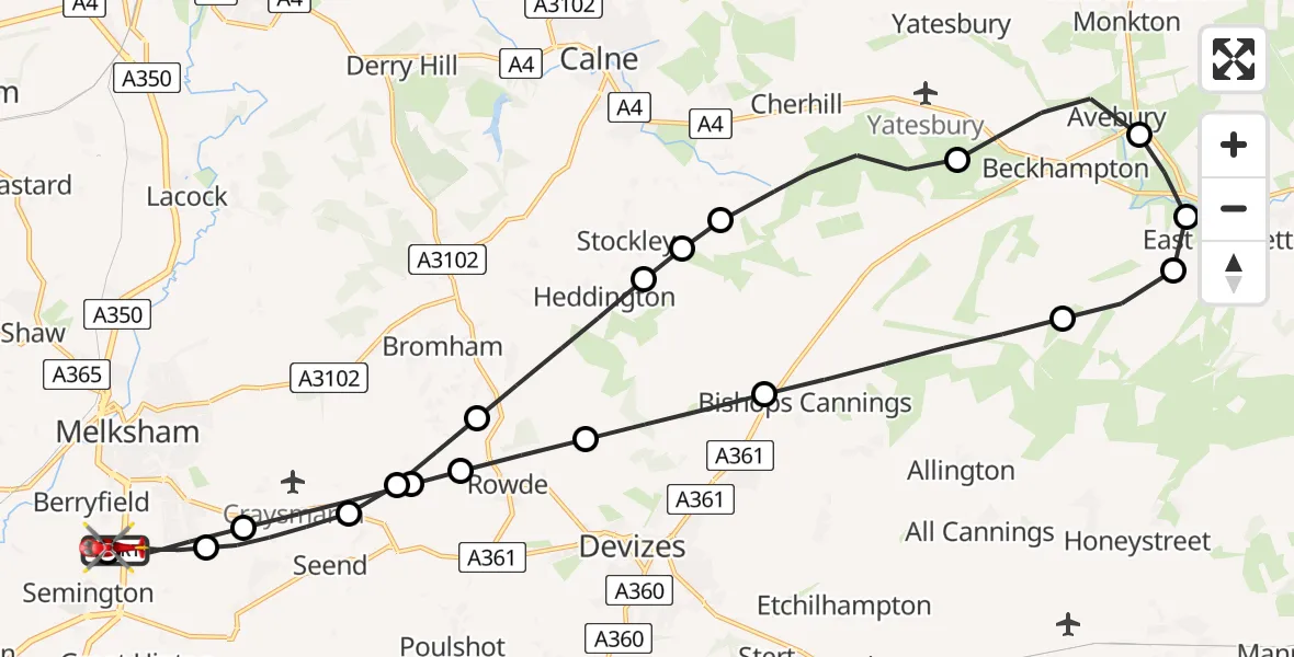 Flight route Air Ambulance Helicopter Wiltshire Air Ambulance - Melksham, 17 May 2026, 12:31