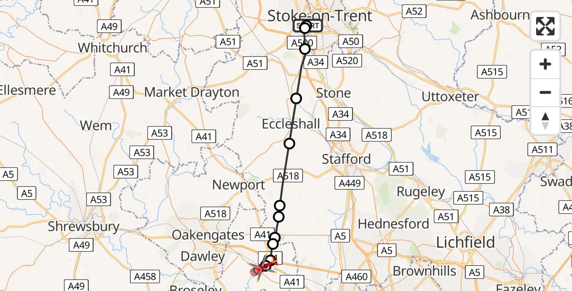 Flight route Air Ambulance Helicopter University Hospital North Staffs - Tong, 17 May 2026, 12:32