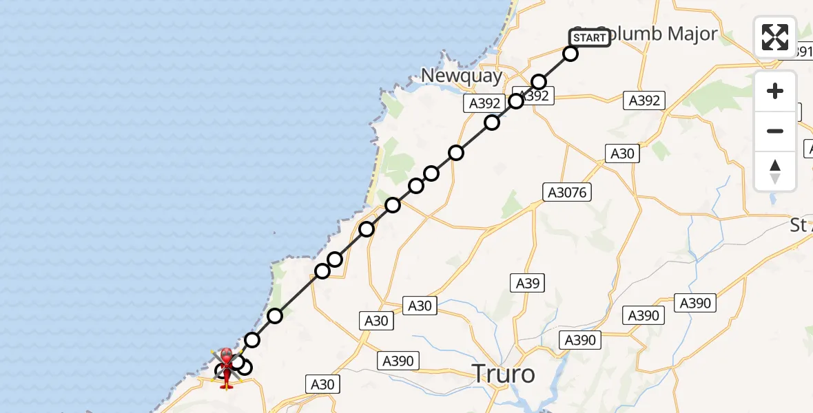 Flight route Air Ambulance Helicopter Cornwall Airport Newquay - Portreath, 17 May 2026, 12:32