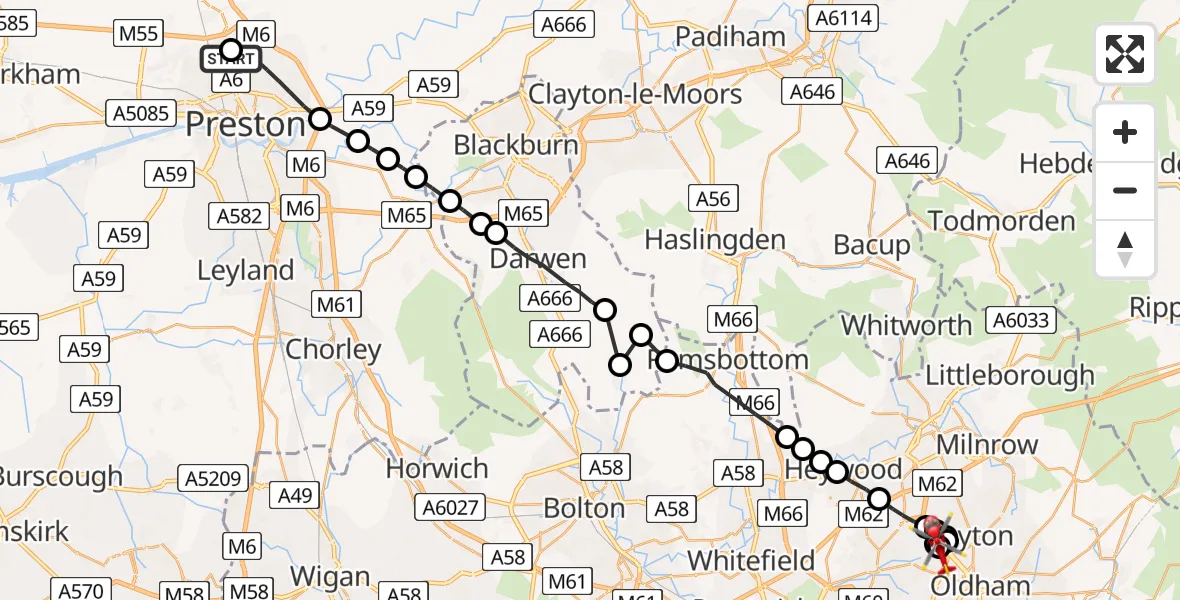 Flight route Air Ambulance Helicopter Royal Preston - Chadderton, 17 May 2026, 12:56