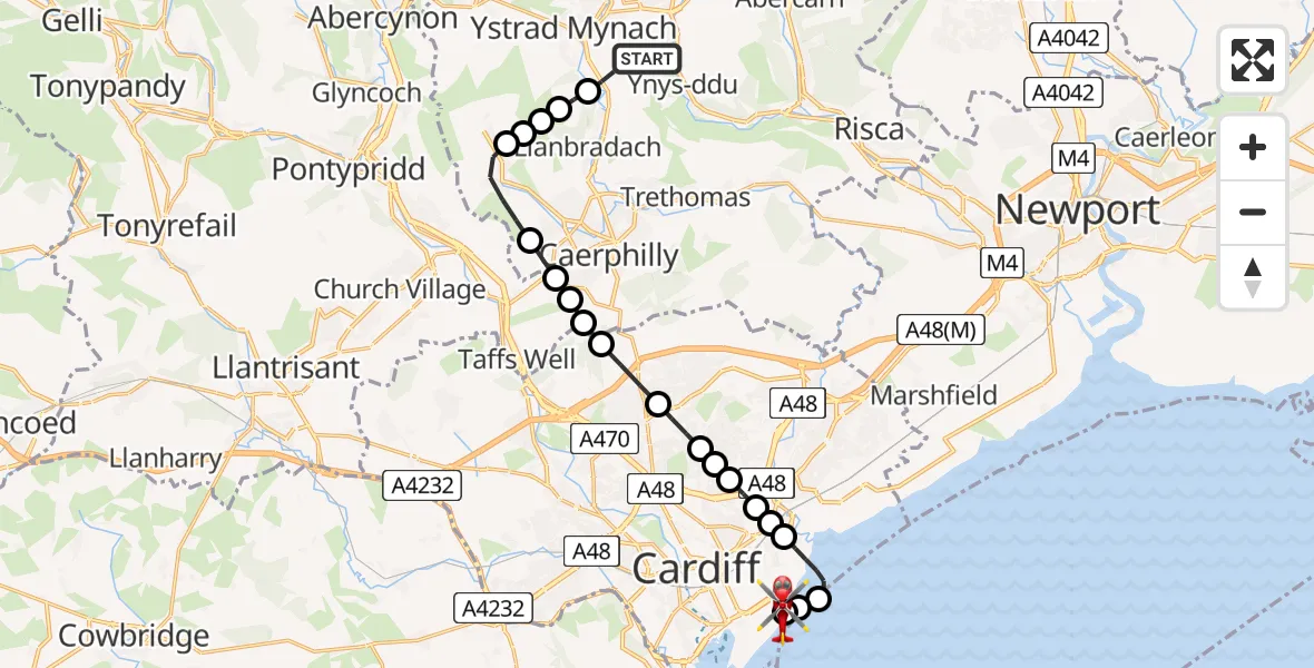 Flight route Air Ambulance Helicopter Maesycwmmer - Cardiff Heliport, 17 May 2026, 12:57