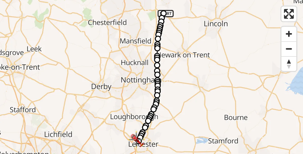 Flight route Air Ambulance Helicopter Retford Gamston Airport - New Parks, 17 May 2026, 12:59