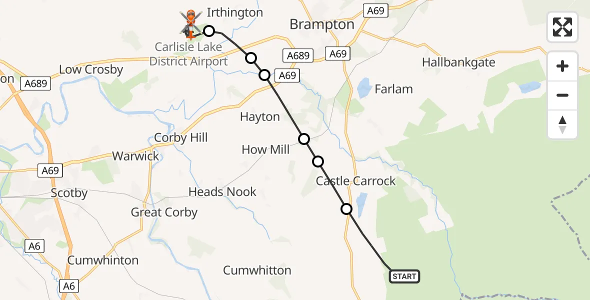 Flight route Coastguard Helicopter Cumrew - Carlisle Lake District Airport, 17 May 2026, 13:00