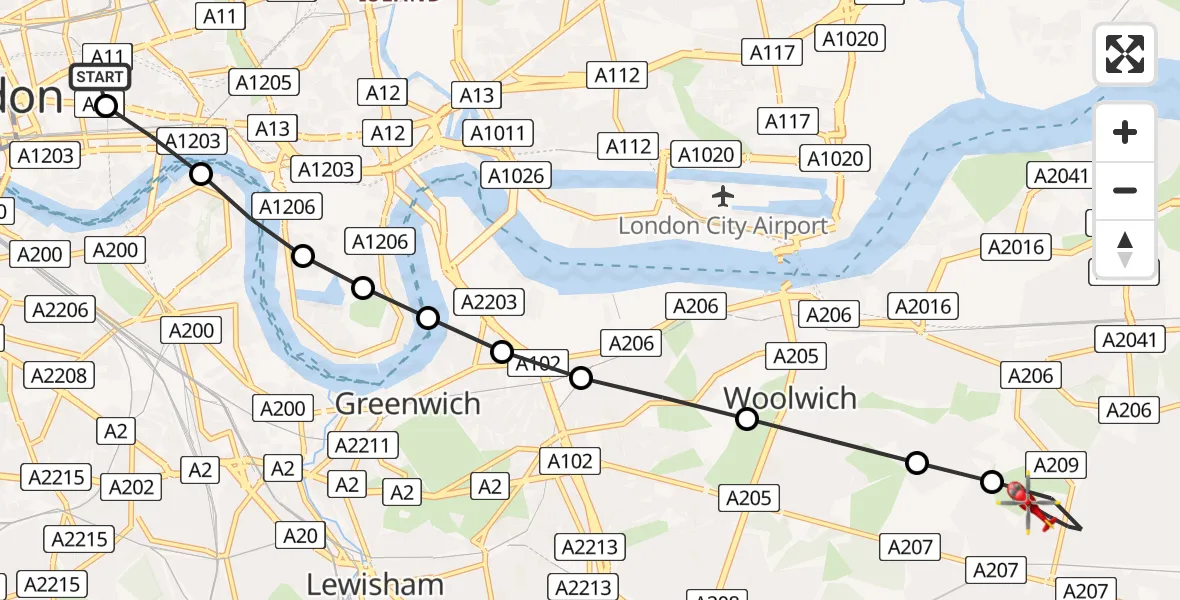 Flight route Air Ambulance Helicopter Royal London Hospital - East Wickham, 17 May 2026, 13:07
