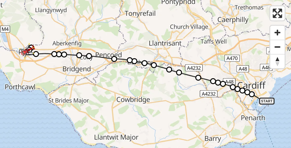 Flight route Air Ambulance Helicopter Cardiff Bay - Pyle, 17 May 2026, 13:09