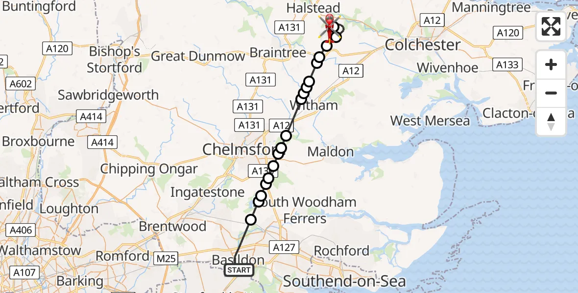 Flight route Air Ambulance Helicopter Basildon - Earls Colne Airfield, 17 May 2026, 13:12