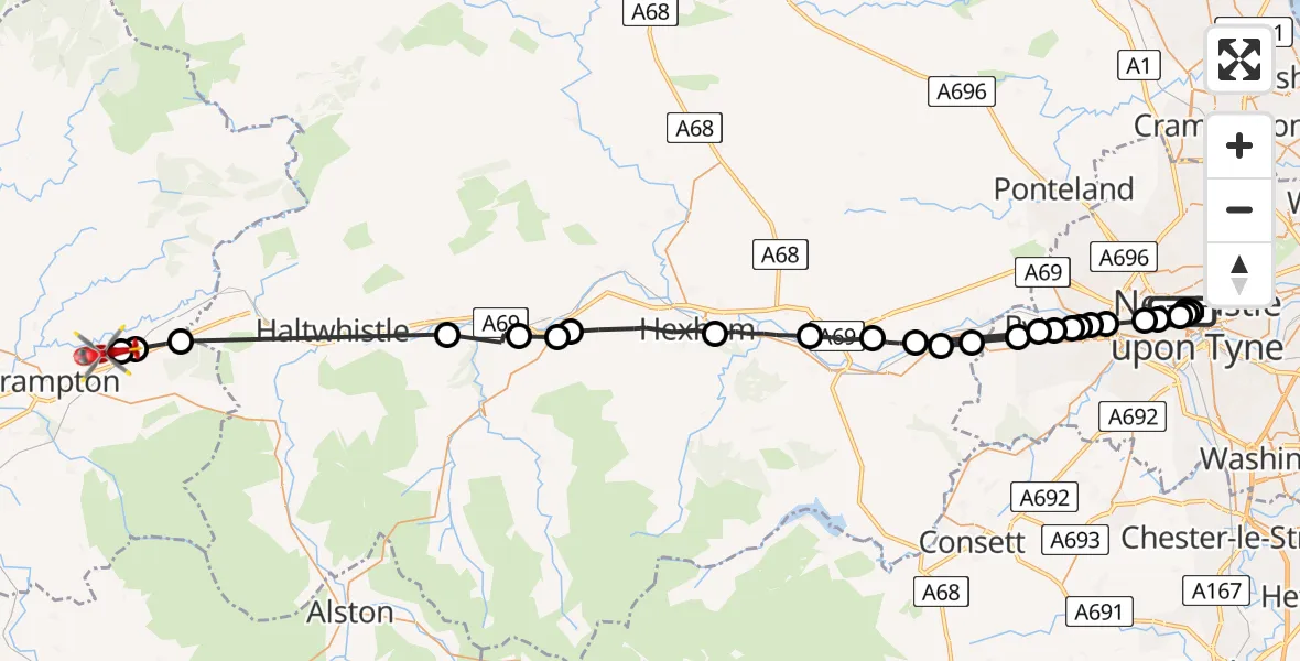 Flight route Air Ambulance Helicopter Spital Tongues - Brampton, 17 May 2026, 13:14