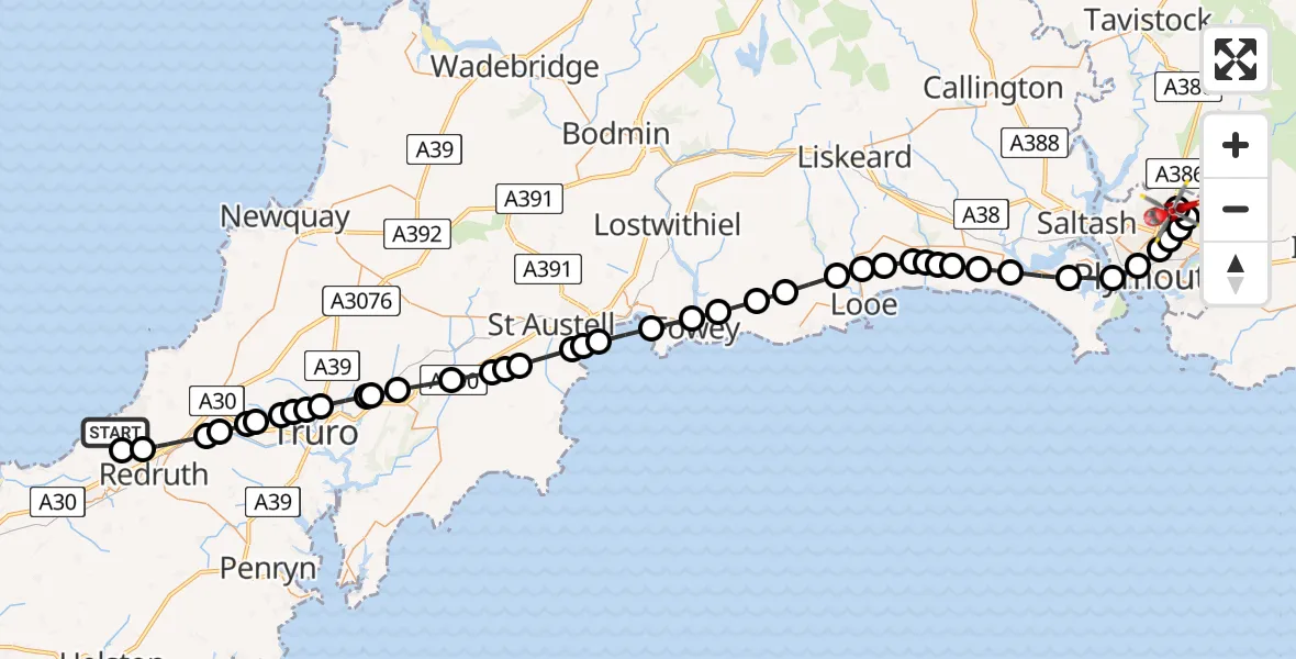 Flight route Air Ambulance Helicopter Portreath - Derriford Hospital, 17 May 2026, 13:16