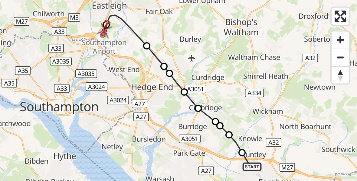 Flight route Air Ambulance Helicopter Fareham - Southampton Airport, 17 May 2026, 13:21