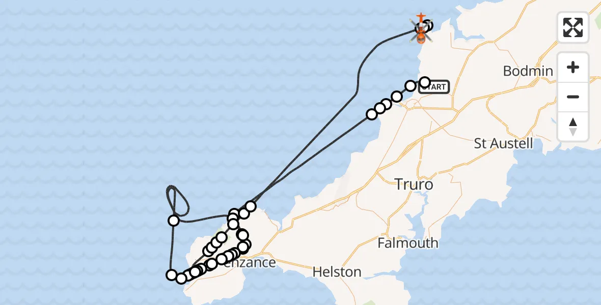 Flight route Coastguard Helicopter Cornwall Airport Newquay - St. Merryn, 17 May 2026, 13:21