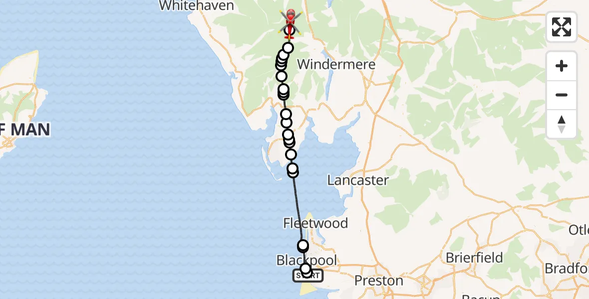 Flight route Air Ambulance Helicopter Blackpool Airport - Borrowdale, 17 May 2026, 13:23