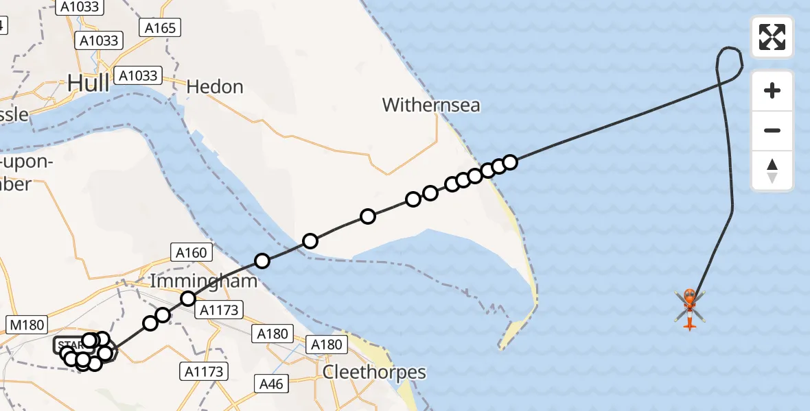 Flight route Coastguard Helicopter Humberside Airport - North Sea, 17 May 2026, 13:32