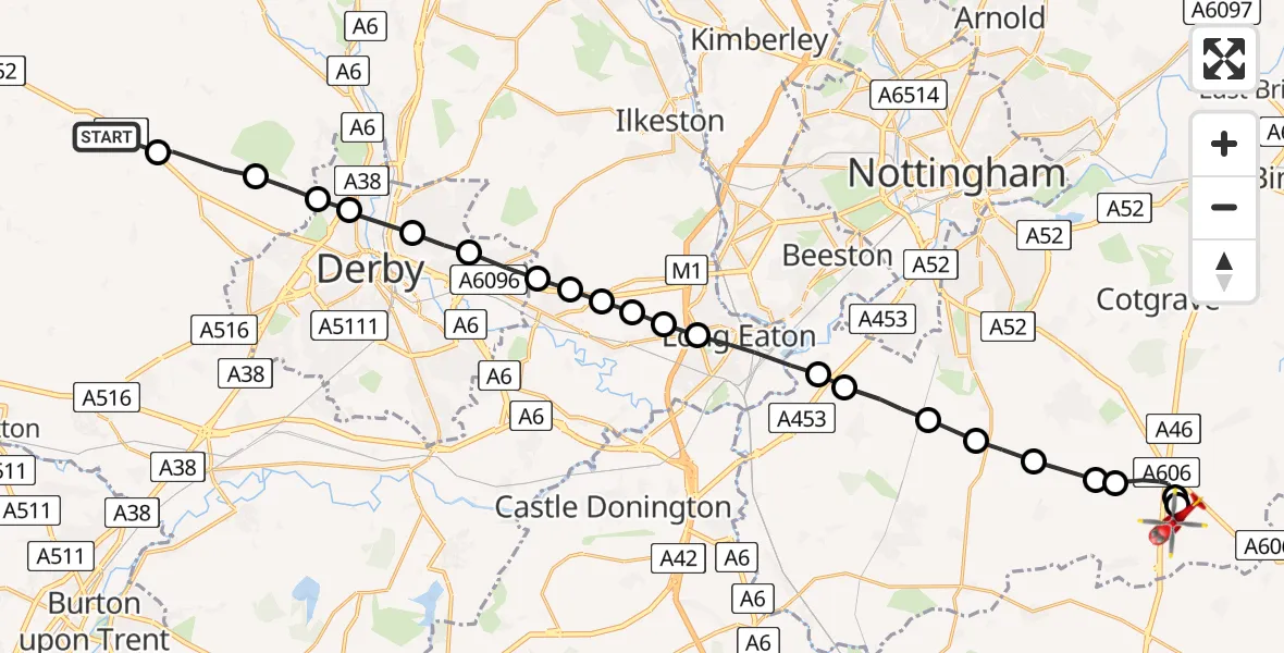 Flight route Air Ambulance Helicopter Brailsford CP - Nottingham Heliport, 17 May 2026, 13:32