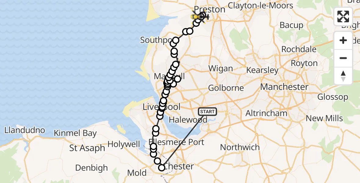 Flight route Police Helicopter Widnes - Hutton, 17 May 2026, 13:32