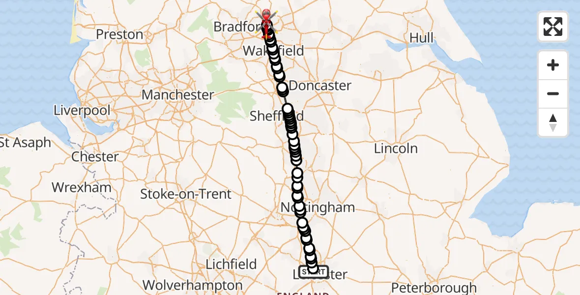 Flight route Air Ambulance Helicopter New Parks - Woodhouse, 17 May 2026, 13:48