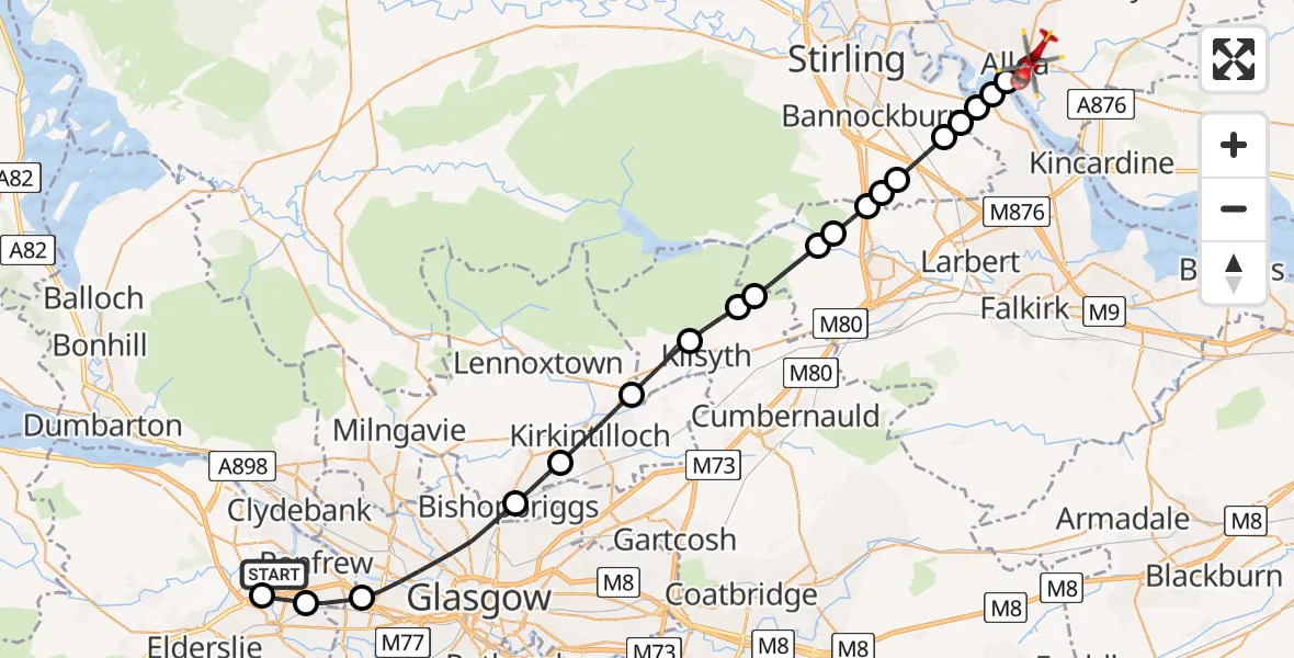 Flight route Air Ambulance Helicopter Glasgow Airport - Alloa, 17 May 2026, 13:54