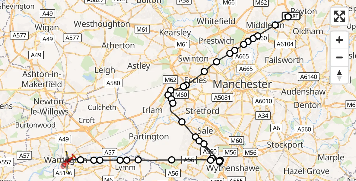 Flight route Air Ambulance Helicopter Chadderton - Warrington, 17 May 2026, 13:56
