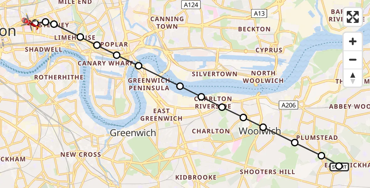Flight route Air Ambulance Helicopter East Wickham - Royal London Hospital, 17 May 2026, 14:01