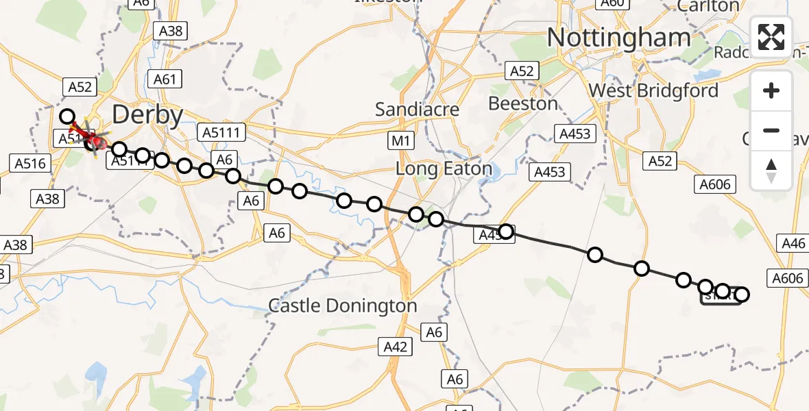 Flight route Air Ambulance Helicopter Wysall - Royal Derby Trauma Unit, 17 May 2026, 14:08