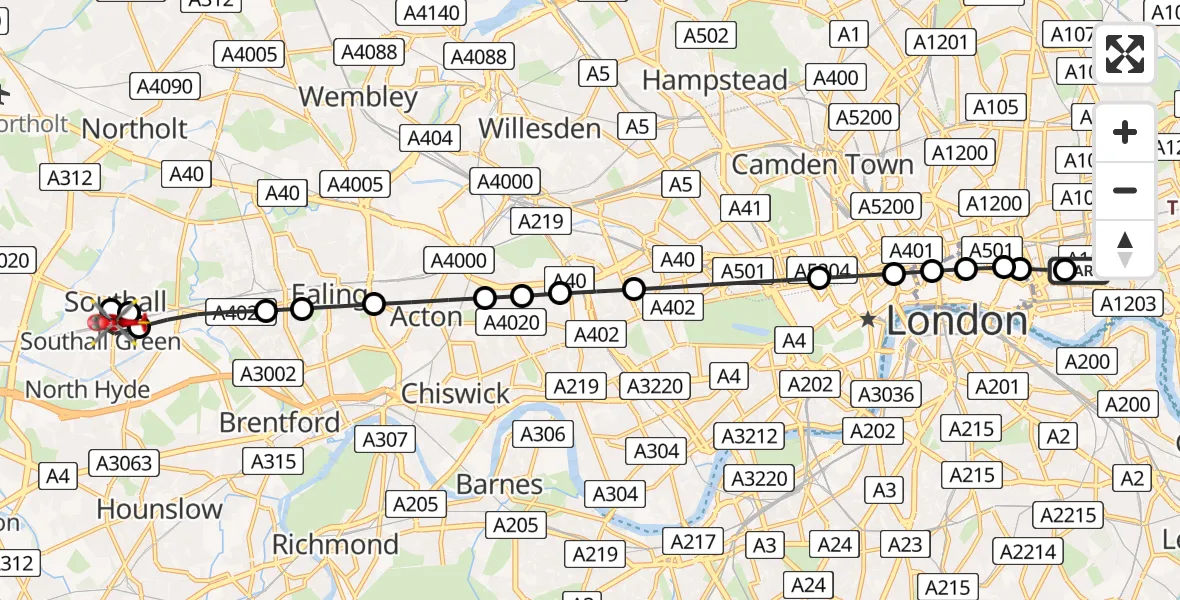 Flight route Air Ambulance Helicopter Royal London Hospital - Ealing, 17 May 2026, 14:10