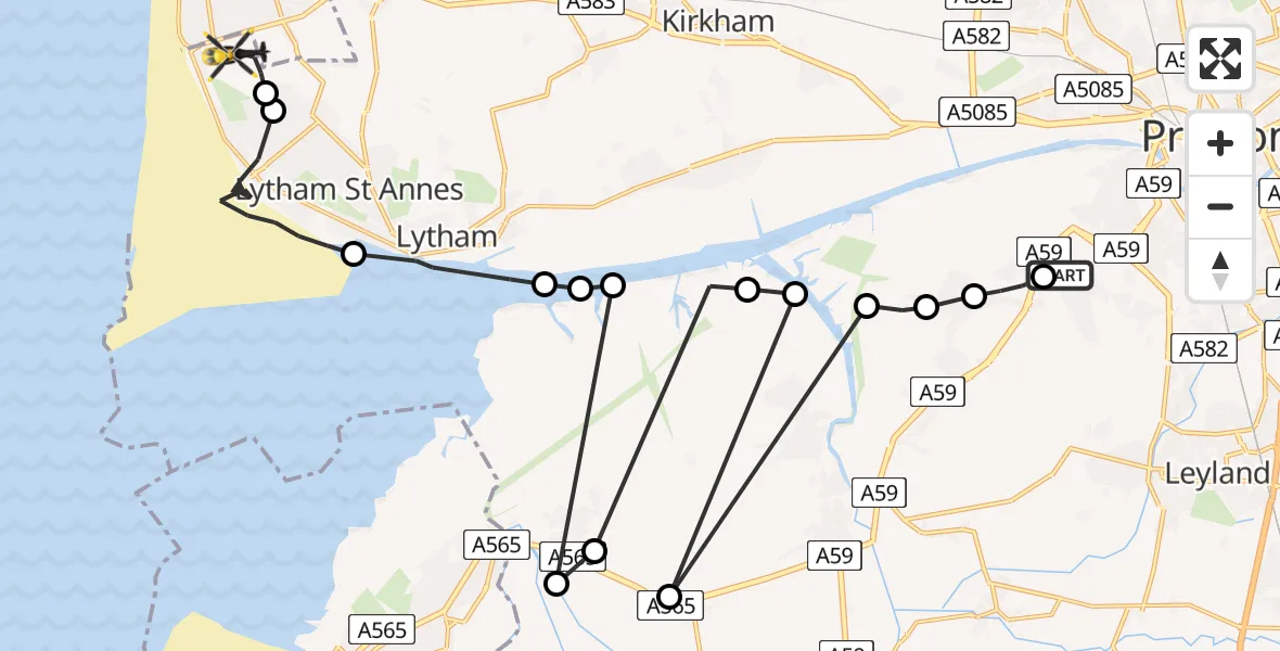 Flight route Police Helicopter New Longton - Blackpool Airport, 17 May 2026, 14:16