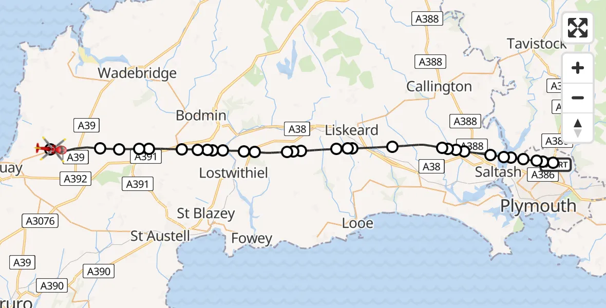 Flight route Air Ambulance Helicopter Derriford Hospital - Cornwall Airport Newquay, 17 May 2026, 14:19
