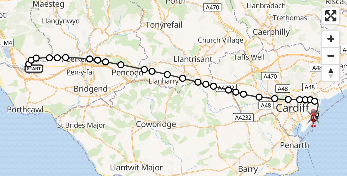 Flight route Air Ambulance Helicopter Pyle - Cardiff Heliport, 17 May 2026, 14:19